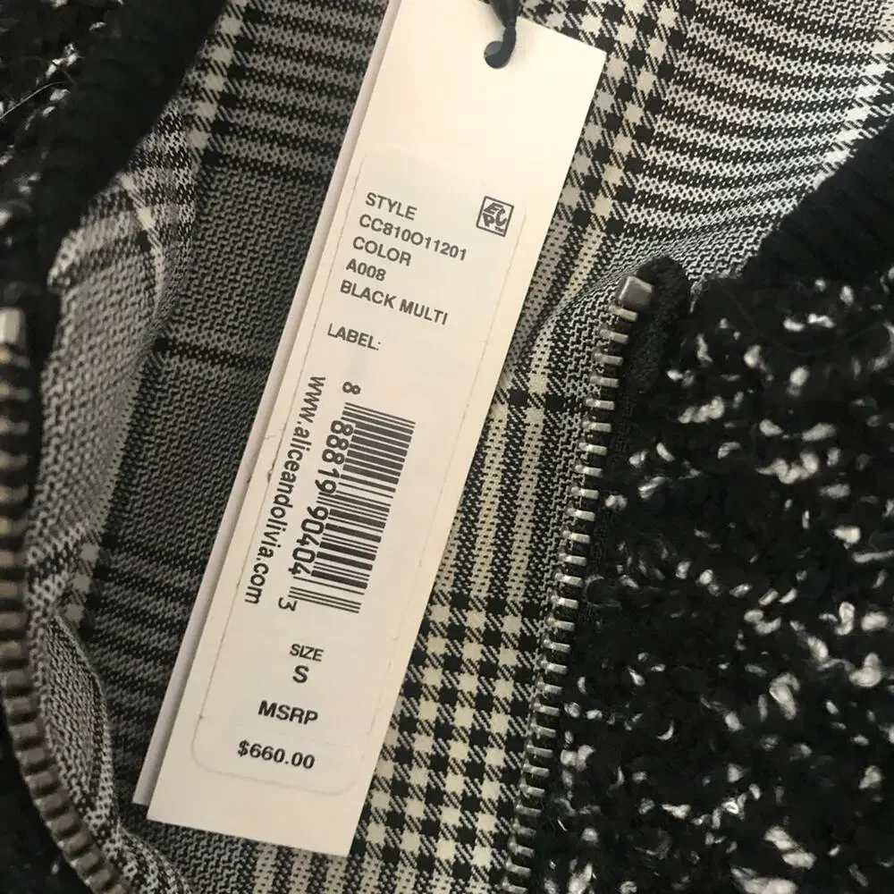 Alice + Olivia Lonnie Reversible Jacket Plaid Black White Size Small NEW